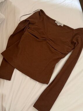 Urban Outfitters Brown Ribbed Twist-Front Long Sleeve Top